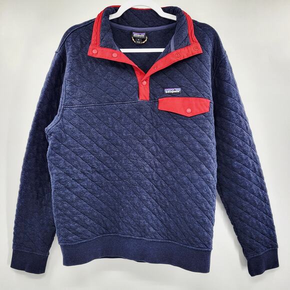 Patagonia Navy Blue & Red Organic Cotton Quilted Snap-T Pullover Men’s Size M - Picture 2 of 9